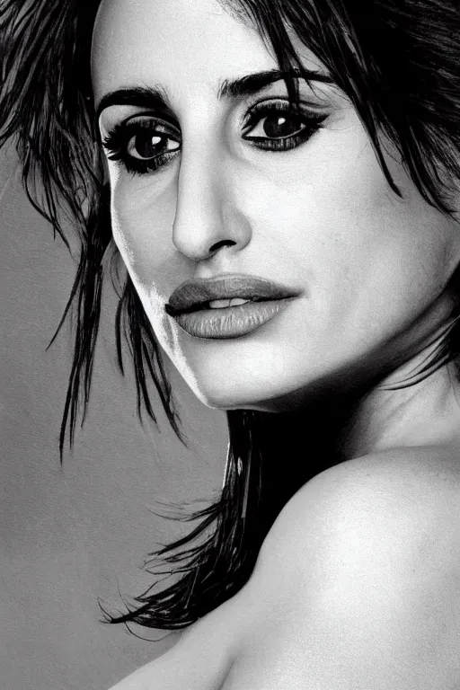 Image similar to photo portrait of penelope cruz, realistic, black and white, in style of phil borges