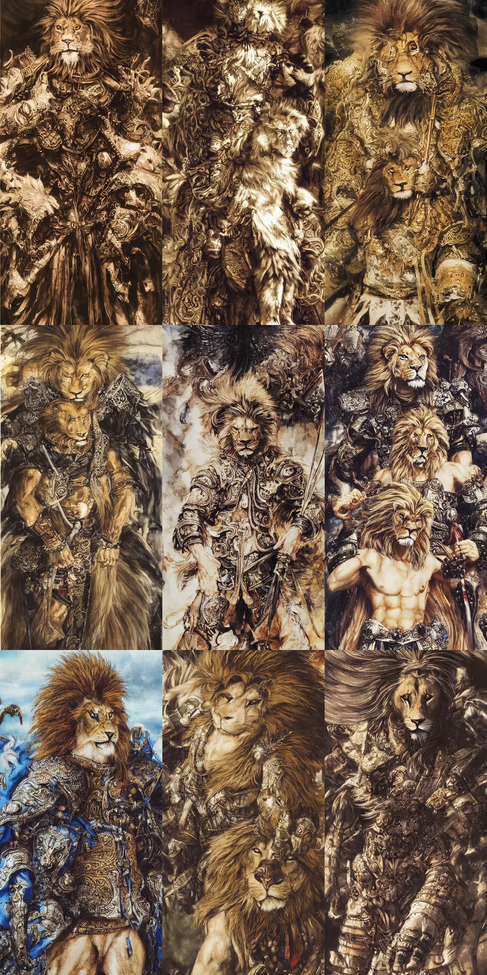 Image similar to 8 k yoshitaka amano painting of upper body of a young cool looking lion beastman with white mane at a medieval market at windy day. depth of field. he is wearing complex fantasy clothing. he has huge paws. renaissance style lighting.