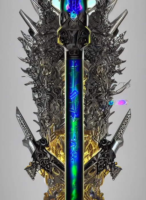 Image similar to legendary glowing sword of cybernetic technology, intricate, sharp black and iridescent blade, ornate gothic baroque spikes coming out, colorful hilt, vivid detailed realistic, ray tracing, colored gems, golden pommel, artstation, deviantart