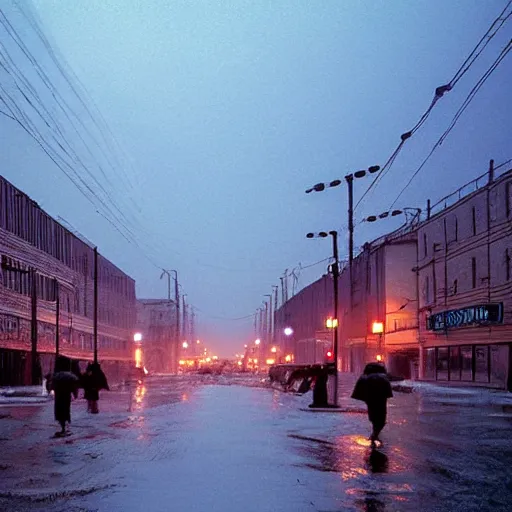 Image similar to 1990s movie still of a Norilsk street with many pedestrians with stalinist style highrise as a loading screen ,orbit space soviet city, Cinestill 800t 18mm, heavy grainy picture, very detailed, high quality, 4k panoramic, HD criterion, dramatic lightning, streetlight at night, rain, mud, foggy, soviet flags