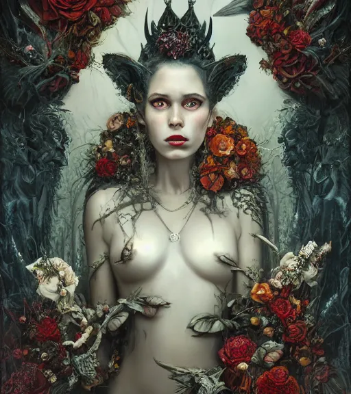 Prompt: portrait of the beautiful supreme queen of the blood cult, full body, surrounded by skulls and overgrowth and dark flowers by karol bak, James Jean, tom bagshaw, rococo, trending on artstation, cinematic lighting, hyper realism, octane render, 8k, hyper detailed.