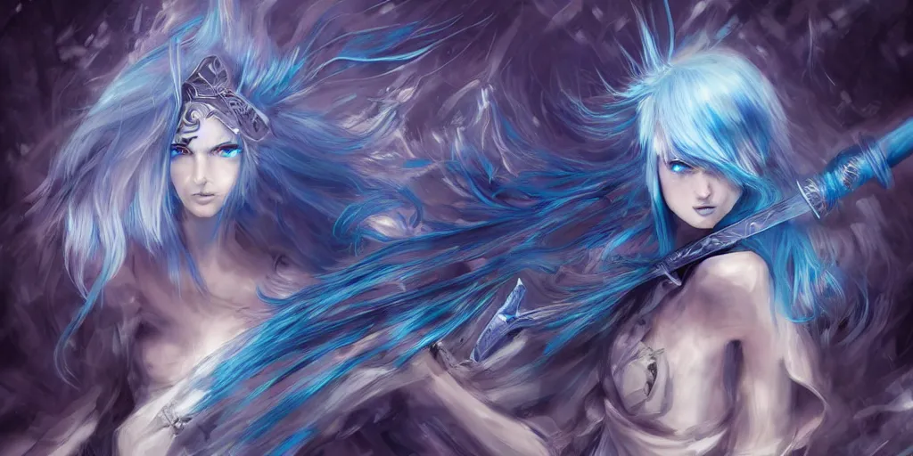 Image similar to the beautiful girl's blue hair dances with electricity, her sword a blade made of light, her blue eyes gazed upon the horde of monster in front of her fearlessly, with the elegance of a true knight, digital art