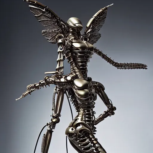 Image similar to still frame from Prometheus movie by Makoto Aida, biomechanical orchids mantis angel archangel gynoid by giger, metal couture by neri oxmn and Guo pei, editorial by Malczewski and by Caravaggio