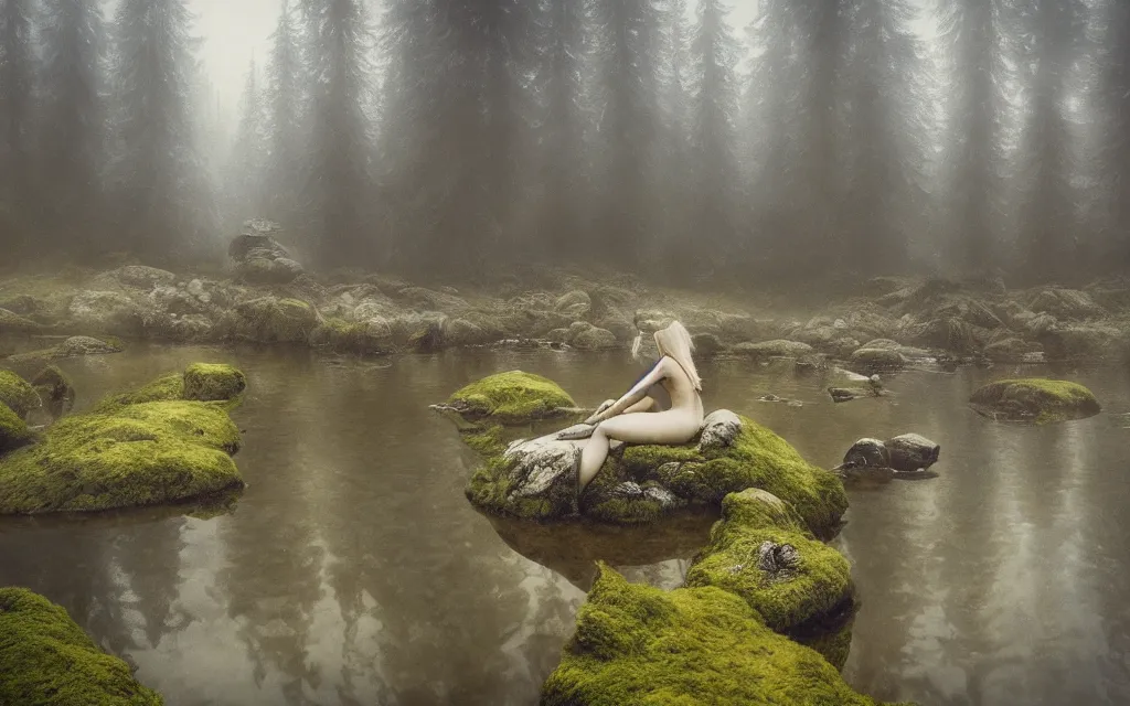 Prompt: mermaid on a rock in a pond in the middle of the forest, fir trees, moss, fog, dramatic atmosphere, highly detailed, cinematic lighting, perfect composition artem demura