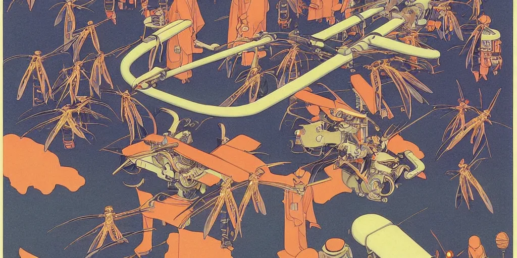 Image similar to gigantic dragonflies with human faces catch tiny robots, a lot of exotic mechas robots around, human heads everywhere, risograph by kawase hasui, edward hopper, satoshi kon and moebius, no text!, colorful flat surreal design, super - detailed, a lot of tiny details, fullshot