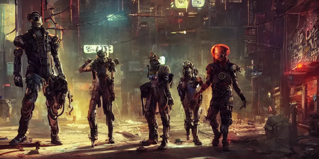 Prompt: cyberpunk cat gang, fallout 5, studio lighting, deep colors, apocalyptic setting, sneak peek into the future