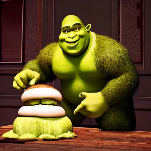 Image similar to shrek as a server in a Michelin star restaurant, photorealistic, 3d render, award winning render, unreal engine, octane render, studio lighting, 8k, hd