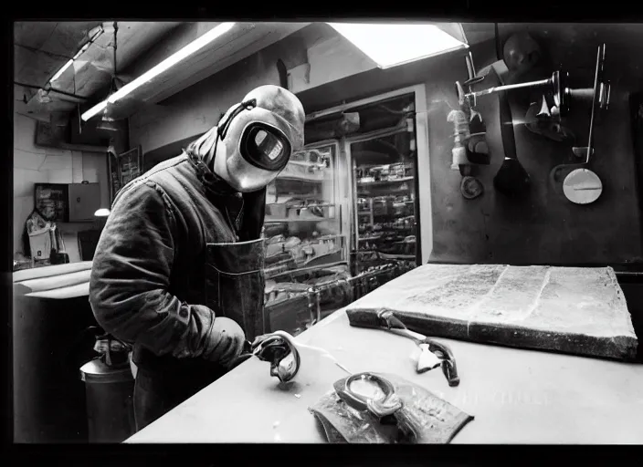 Prompt: welder in welding mask in a cheese shop, by richard avedon, tri - x pan stock