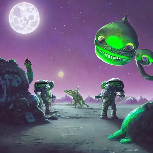 Image similar to Astronauts are having a party with green aliens and some dinosaurs on comet and a red dwarf as background, by Jordan Grimmer digital art, trending on Artstation,