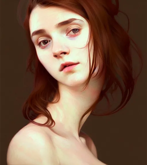 Image similar to portrait of a welsh teenage girl with brown hair, glowing skin, delicate features, amelie poulain, fantasy, small mouth, quiet beauty, intricate, elegant, dress shirt, highly detailed, digital painting, artstation, concept art, smooth, sharp focus, illustration, art by Krenz Cushart and Artem Demura and alphonse mucha