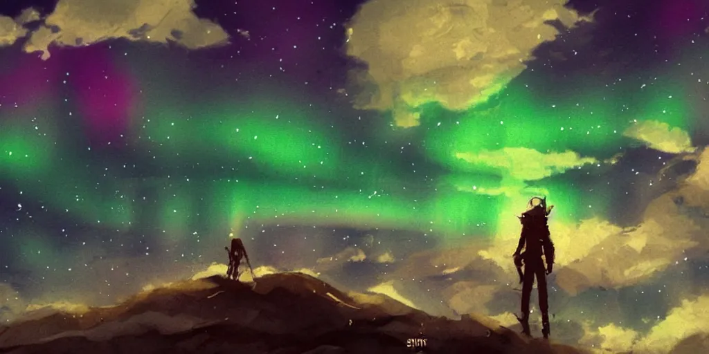 Image similar to sky with northern lights, illustration, best of artstation, steampunk style