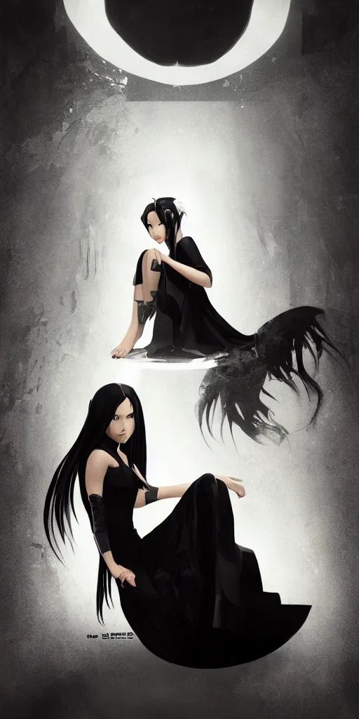 Image similar to character poster of young girl with straight long black hair wearing black dress sitting in bathroom floor, poster by capcom art team collaborating with artgem, greg rutkowski and mario testino