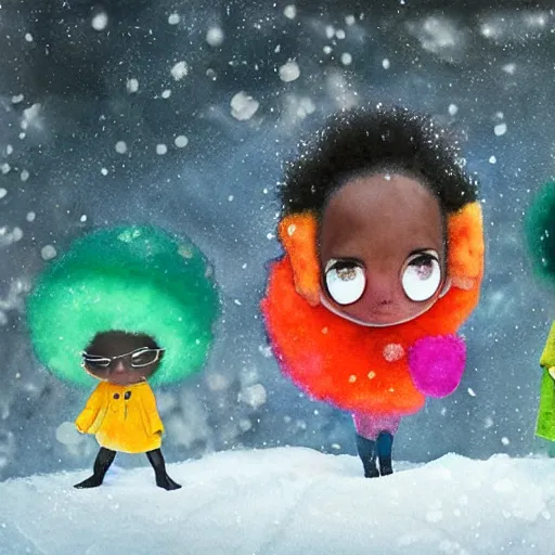 Prompt: a black girl with a colorful afro and big colorful eyes playing in the snow, bright colours, bokeh!! watercolor, volumetric wool felting, macro photography, children illustration, by goro fujita