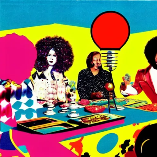 Prompt: highly detail 1 9 7 2 boomer party with disco lamp and afro styles, pop art style