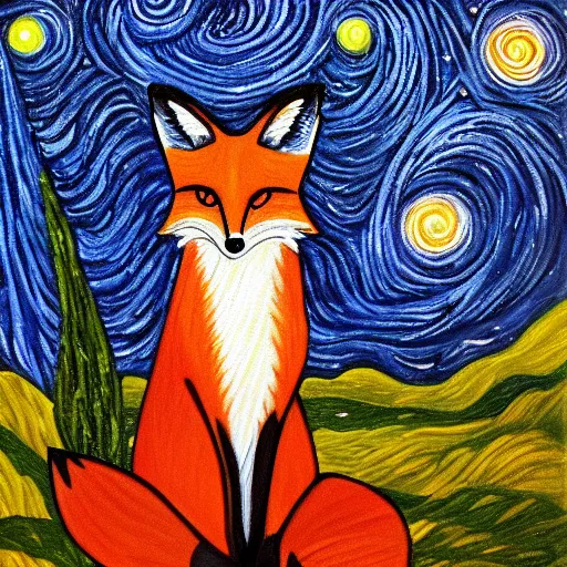 Image similar to a painting of a fox in the style of starry night