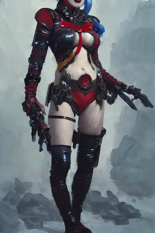 Image similar to portrait of Harley Quinn in bikini armor, dc comics, cyberpunk, Warhammer 40000, dark fantasy, digital art from artstation by Ruan Jia and Mandy Jurgens and Artgerm and william-adolphe bouguereau