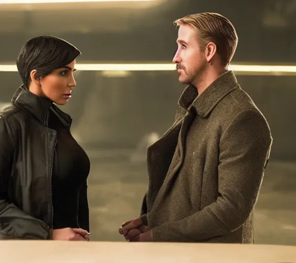 Prompt: a movie still of kim kardashian talking with ryan gosling in the movie blade runner 2 0 4 9