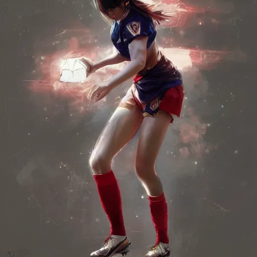 Image similar to A gorgeous feminine Japanese football player, elaborate polished, trending on ArtStation, by Ruan Jia.