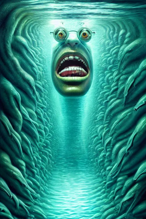 Image similar to hyperrealistic close-up modernism underwater monster! highly detailed concept art eric zener elson peter cinematic hard green lighting high angle hd 8k sharp shallow depth of field, inspired by David Paul Cronenberg and Zdzisław Beksiński