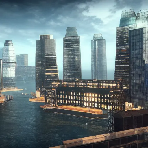 Prompt: canary wharf, screenshot from 2 0 2 5 pc game, by cd projekt red, unreal engine, max graphics settings, 8 k uhd