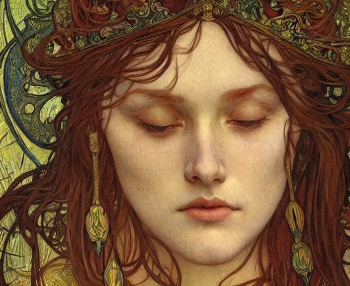 Image similar to detailed realistic beautiful young medieval queen face portrait by jean delville, alphonse mucha, vincent van gogh, and marco mazzoni, art nouveau, symbolist, visionary, gothic, pre - raphaelite