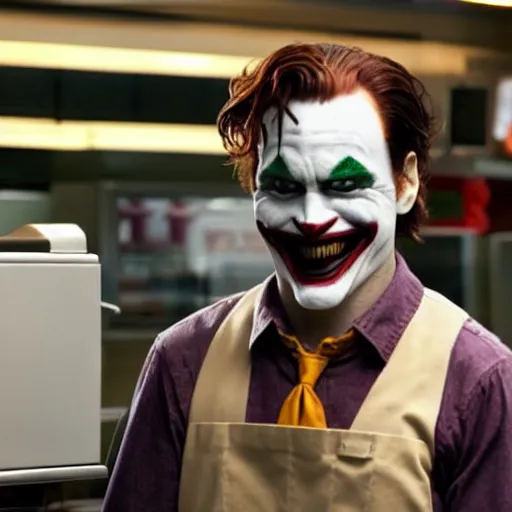 Image similar to joaquin phoenix joker working as a cashier at mcdonalds