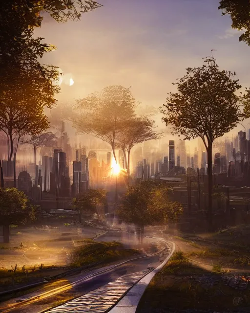 Prompt: photo of sunrise over a beautiful solarpunk city, many trees, dramatic lighting, romantic, sci-fi, futuristic, hyper realistic, architecture