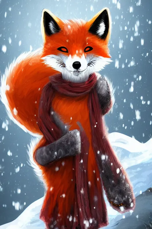 Prompt: an anthropomorphic fox with a fluffy tail wearing a scarf playing in the snow, backlighting, trending on artstation, digital art, furry art, trending on furaffinity