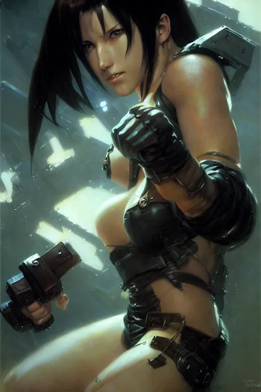 Prompt: tifa lockhart fighting the doom marine, portrait dnd, painting by gaston bussiere, craig mullins, greg rutkowski, yoji shinkawa