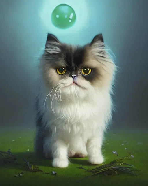 Image similar to highly detailed surreal vfx portrait of a cute, happy persian cat with green eyes, dressed up as a witch, stephen bliss, unreal engine, greg rutkowski, loish, rhads, beeple, makoto shinkai and lois van baarle, ilya kuvshinov, rossdraws, tom bagshaw, alphonse mucha, global illumination, detailed and intricate environment