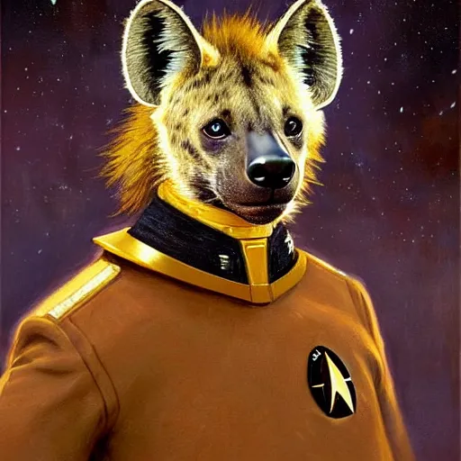 Image similar to a portrait of a hyena hyenaman canine star trek in a starfleet uniform chief engineer. cinematic zootopia fursona furaffinity furry art detailed face painting by gaston bussiere craig mullins jc leyendecker gustav klimt artgerm greg rutkowski furry