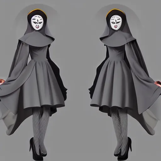 Image similar to female character design inspired by venice carnival and nun outfit | | concept art, gray