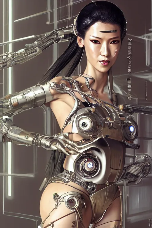 Image similar to Photorealistic illustration, full body geisha cyborg woman, with fashion clothe, six digital eyes by sorayama , cyberpunk 2077, sci-fi, futuristic, intricate, elegant, highly detailed, digital painting, artstation, concept art, smooth, sharp focus, art by artgerm, greg rutkowski and alphonse mucha