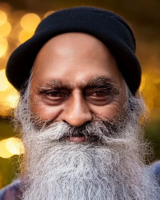 Image similar to A portrait of Jaggi Vasudev, highly detailed, trending on artstation, bokeh, 90mm, f/1.4