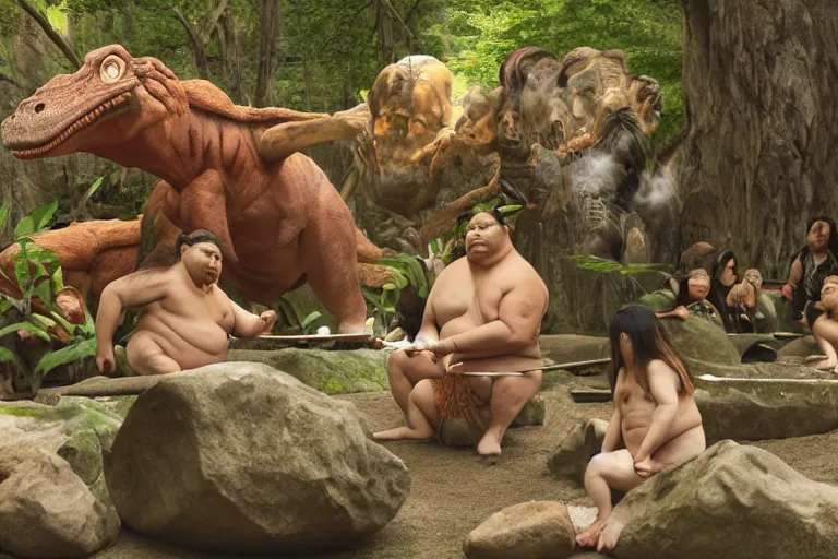 Prompt: photo, neanderthal people, sumo japanese, eating inside mcdonalds, surrounded by dinosaurs!, gigantic forest trees, sitting on rocks, bright moon