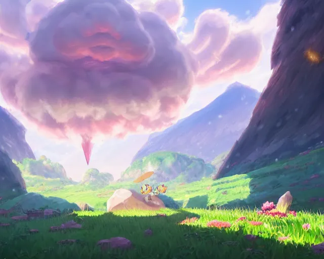 Image similar to pokemon sword and shield ghibli landscape illustration close floral clearing and mountains in the background, deep focus, d & d, fantasy, intricate, elegant, highly detailed, digital painting, artstation, concept art, matte, sharp focus, illustration, hearthstone, art by fire watch game and greg rutkowski, no characters