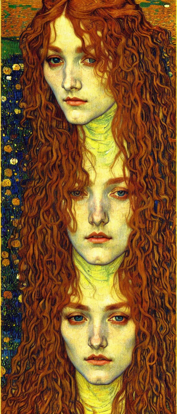 Image similar to detailed realistic beautiful young medieval queen face portrait by jean delville, gustav klimt and vincent van gogh, art nouveau, symbolist, visionary, gothic, pre - raphaelite, muted earthy colors, desaturated