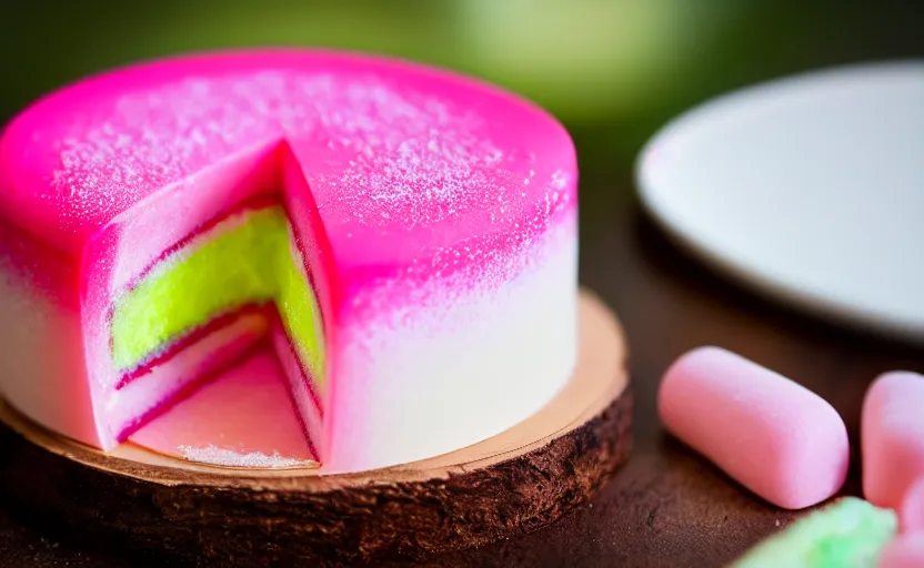 Image similar to A photo of a swedish princess cake from the side on a wooden table, covered with pink marzipan, some powder sugar and a green marzipan leaf in the center. Sunset. 4K. Cinematic lighting. High detail. Realistic. Delicious.