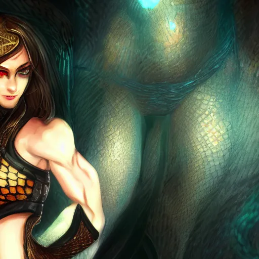 Image similar to snake human hybrid, chest up human lower half snake, black scales, bright amber eyes, chest covered in scales, scales on her chest, formless brests, flat chest, smileing nright, cinematographic shot, artstation, haahn trinh, naga