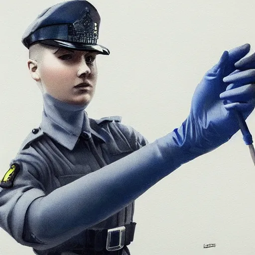 Image similar to A British police officer wearing rubber gloves, highly detailed, ambient lighting, trending on art station