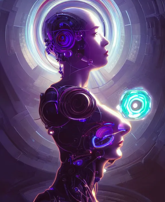 Image similar to a whirlwind of souls rushing inside the metaverse, hologram, half body, neurochip, shaved temple, piercing, jewelry, android, cyborg, cyberpunk face, by loish, d & d, fantasy, intricate, elegant, highly detailed, colorful, digital painting, artstation, concept art, art by artgerm and greg rutkowski and alphonse mucha