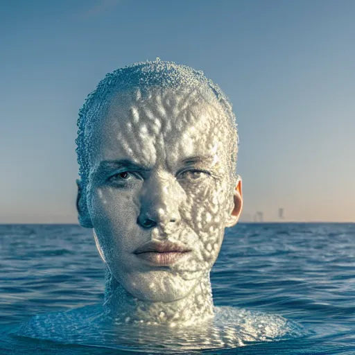 Image similar to a giant sculpture made out of water of a human head on the ocean, made purely out of water, cinematic, in the style of johnson tsang, long shot, hyper detailed, hyper realistic, ray tracing, 8 k resolution, sharp focus, realistic water, award winning