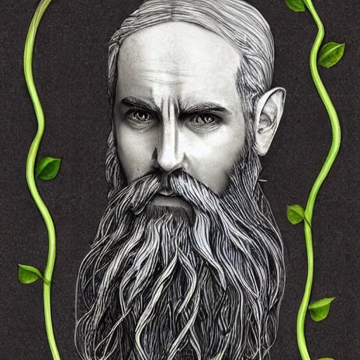 Prompt: bearded male druid gray skin pointy ears with vines as hair detailed fantasy drawing tolkien