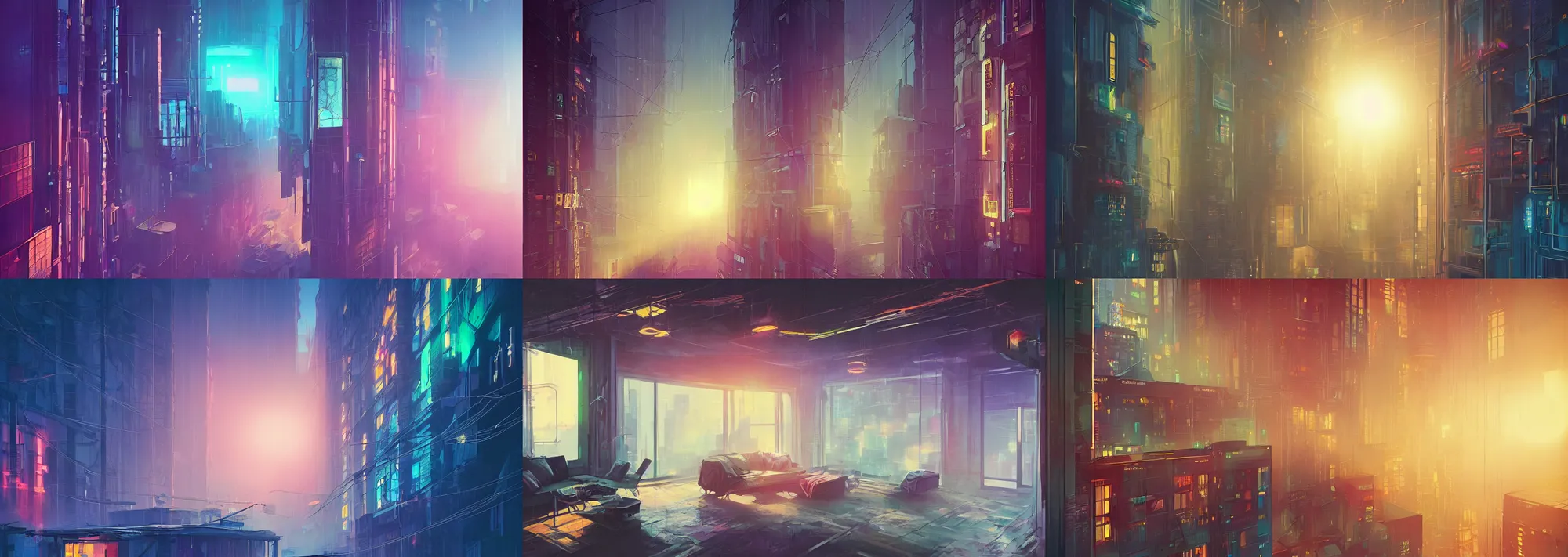 Prompt: picture of a loft in morning, first light, sunshafts, science - fiction, cyberpunk city, billboards, volumetric lights, colorful, foggy day outside, luxury, interior design, tall windows, concept art, art station, by alena aenami