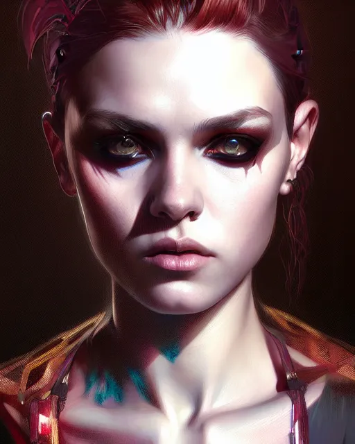 Image similar to beautiful female punk, portrait, cyberpunk, symmetry, detailed, elegant, intricate, dynamic lighting, hyperrealism, digital art, digital painting, artstation, wlop, sharp focus, illustration, art by artgerm and greg rutkowski and alphonse mucha, 8 k