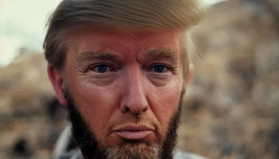 Image similar to far view, extremely skinny malnourished donald trump with long beard, wearing dirty overalls, dirty greasy face, grin, portrait, close up, kodak gold 2 0 0, 5 0 mm,