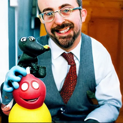 Image similar to a photograph of charles michel playing with mister potato head, by annie liebowitz