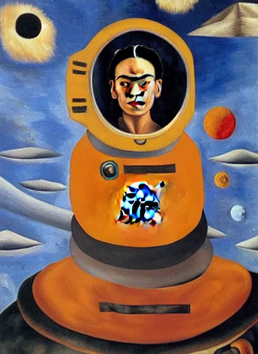 Prompt: a painting of an astronaut in a soyuz capsule by frida kahlo