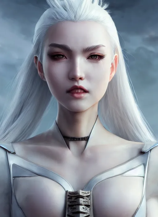 Image similar to warrior, fur leather armor!!! beautiful and elegant white hair female!! gorgeous ayes!! character concept art, sharp focus, octane render! unreal engine 5! highly rendered!! trending on artstation!! detailed linework!! illustration by artgerm, wlop, and chie yoshii