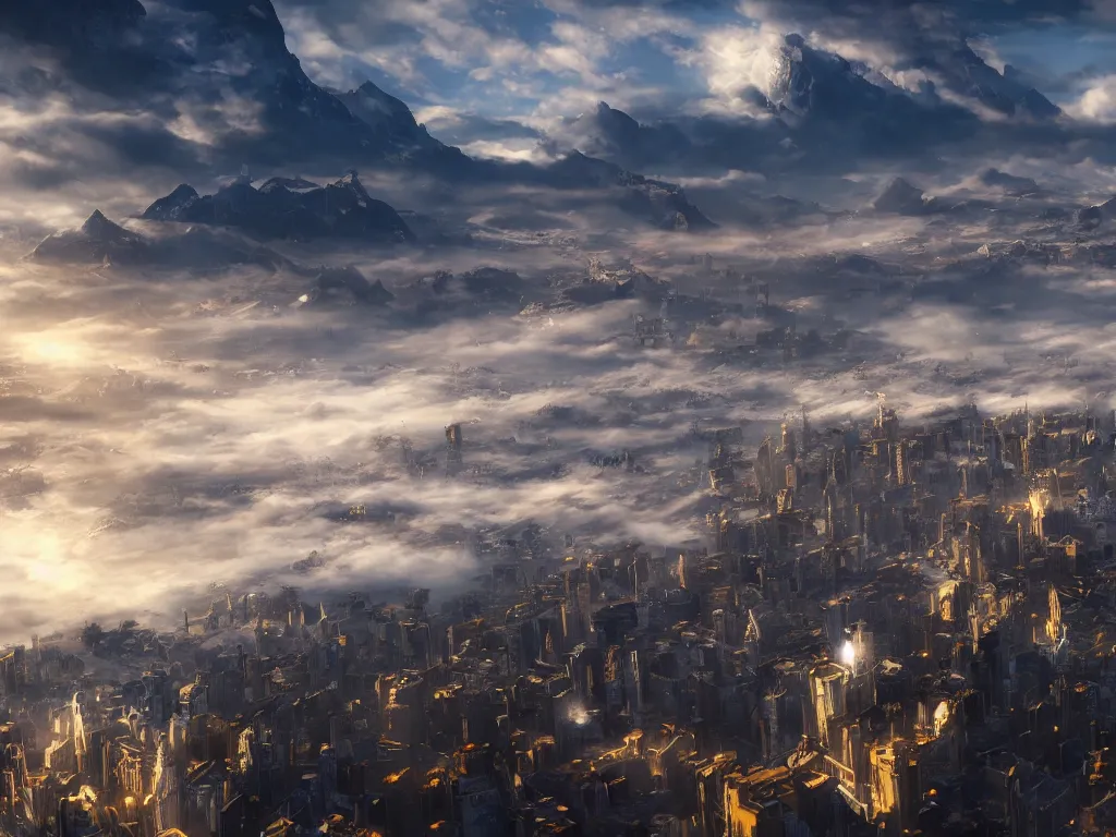 Prompt: city above the clouds，pure white and gold, fantasy artwork, very beautiful scenery, hdr, ue5, unreal engine 5, cinematic 4k wallpaper, 8k, ultra detailed, high resolution, artstation, award winning.